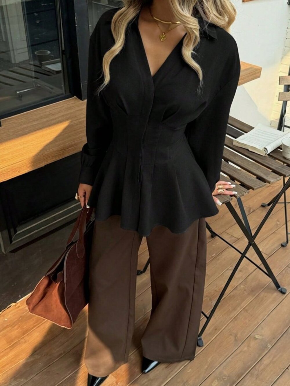 Black Casual Women's Waist Cinched Peplum Long Sleeve Shirt